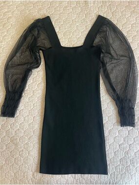 Sheer Puff-Sleeve Black Mini Dress